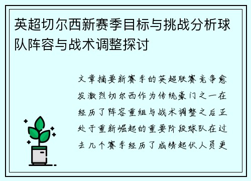 英超切尔西新赛季目标与挑战分析球队阵容与战术调整探讨